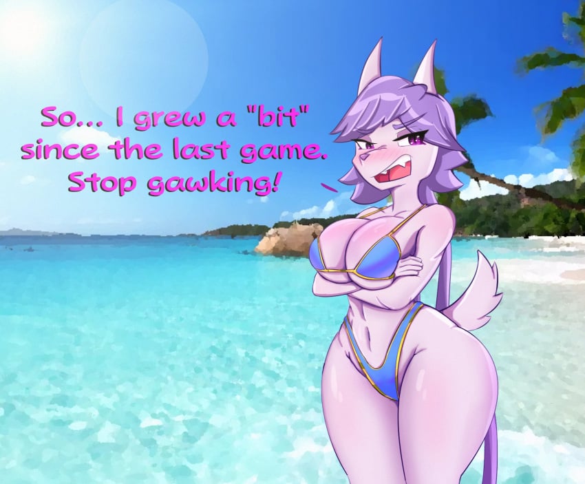 anthro arms_crossed arms_crossed_under_breasts beach big_breasts bikini bluebambo blush blushing_female breast_squish breasts dragon flustered freedom_planet freedom_planet_2 furry furry_breasts furry_female furry_only galaxytrail huge_thighs island sash_lilac scalie scalie_female suggestive thick_thighs thighs tropical tropical_setting video_games water water_dragon wide_hips