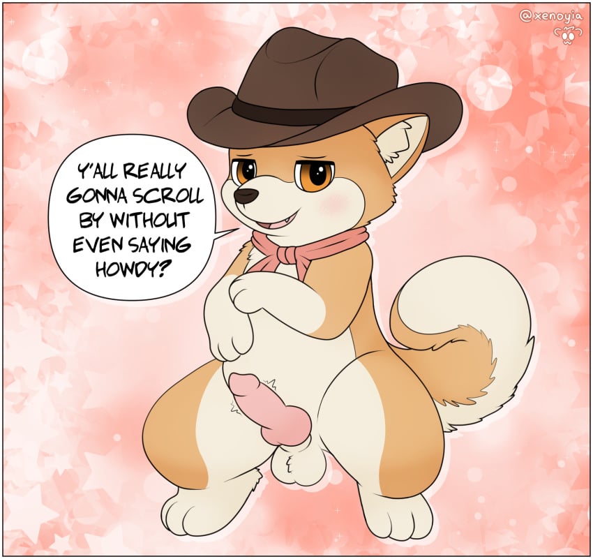 animal_genitalia animal_penis anthro balls canid canine canine_genitalia canine_penis canis clothing cowboy_hat dialogue dog_(super_mario_odyssey) domestic_dog genitals hat headgear headwear hi_res knot looking_at_viewer male mammal mario_(series) nintendo penis red_scarf scarf sheath shiba_inu solo spitz super_mario_odyssey xenoyia_(artist)