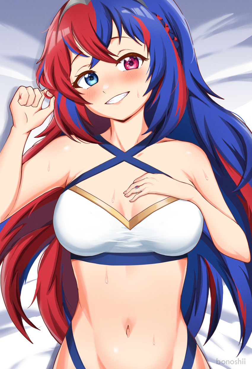 1girls alear_(female)_(fire_emblem) alear_(fire_emblem) alternate_costume bikini blue_eyes blue_hair bonoshii breasts cleavage female female_only fire_emblem fire_emblem_engage heterochromia long_hair looking_at_viewer medium_breasts multicolored_hair nintendo on_back red_eyes red_hair smile solo swimsuit white_bikini white_swimsuit