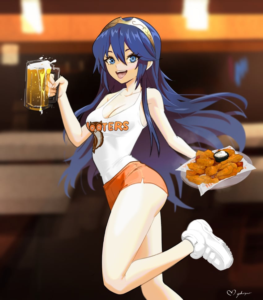 1girls absurdres alcohol alternate_costume ass beer beer_mug big_ass blue_eyes blue_hair breasts chicken_wing cleavage commentary commission contrapposto cup employee_uniform english_commentary female female female_only fire_emblem fire_emblem_awakening highres holding holding_cup holding_tray hooters long_hair lucina_(fire_emblem) medium_breasts mug myahogao nintendo no_legwear open_mouth orange_shorts sauce shoes short_shorts shorts signature smile sneakers solo tank_top tiara tongue tongue_out tray uniform very_long_hair waitress white_tank_top