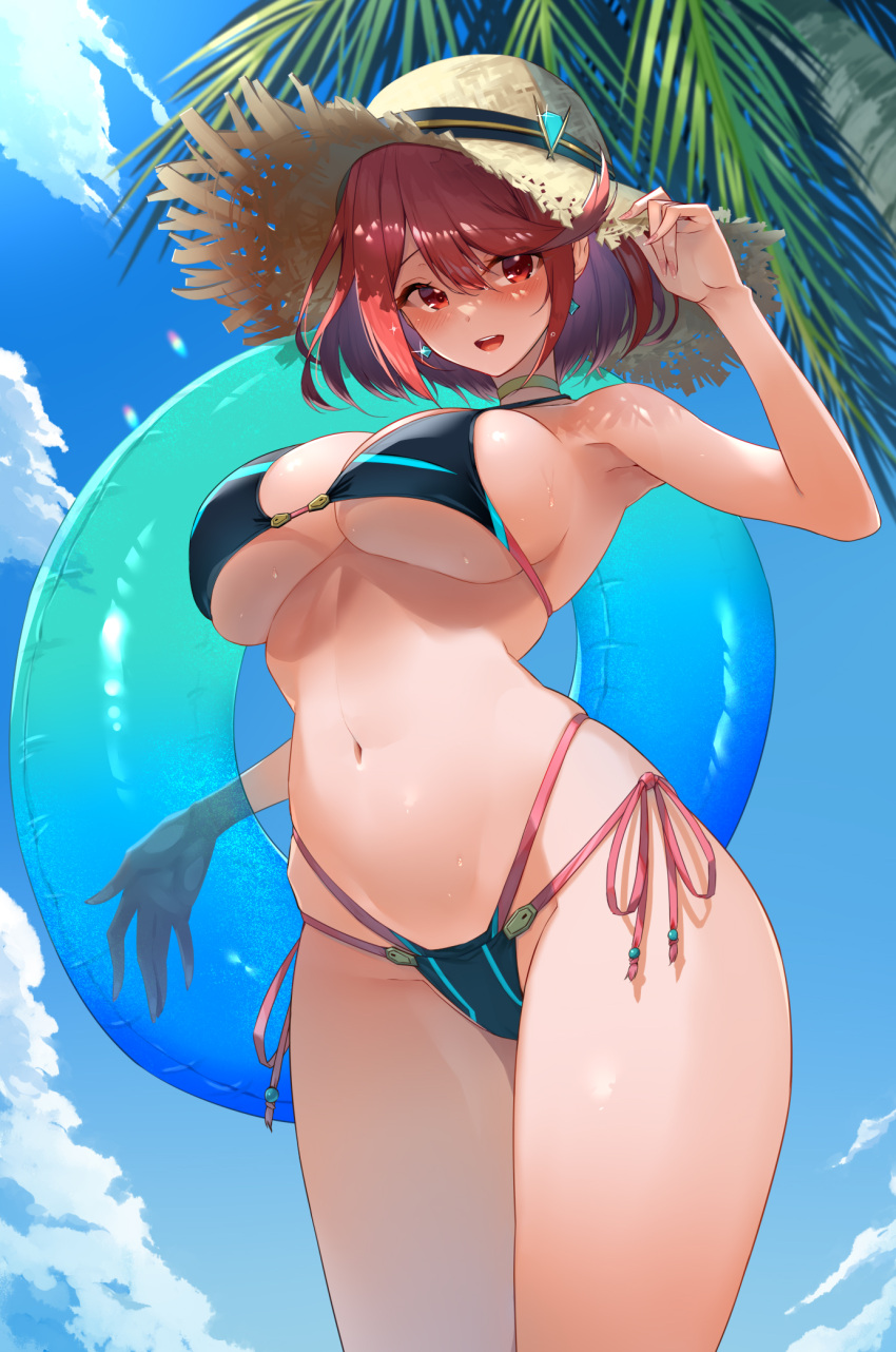 1girls 2d 2d_(artwork) alternate_costume belly_button big_breasts bikini blush bra breasts clouds day eel_mizue female female_only front_view high_resolution highres hourglass_figure light-skinned_female light_skin looking_at_viewer low-angle_view multi-strapped_bikini nintendo outdoors palm_tree pyra red_eyes red_hair short_hair sky solo solo_female solo_focus standing summer summer_hat swimsuit tagme thong thong_bikini two_piece_swimsuit voluptuous voluptuous_female xenoblade_(series) xenoblade_chronicles_2