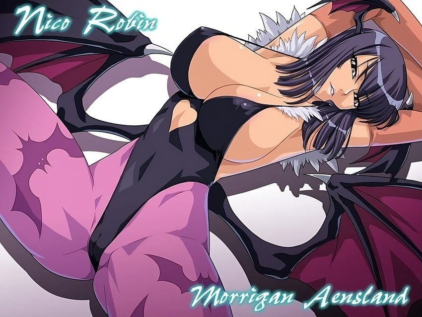 1girls armpits arms_up bat_wings black_hair breasts cameltoe capcom character_name cleavage clothing cosplay crossover dark-skinned_female darkstalkers elbow_gloves female female_only fit_female gloves head_tilt head_wings heart highleg hourglass_figure huge_breasts kagami kagami_hirotaka large_breasts lipstick makeup mature_female morrigan_aensland morrigan_aensland_(cosplay) nico_robin one_piece pantyhose pre-timeskip short_hair sideboob slim_waist smile solo spread_legs thick_thighs tights wide_hips wings yellow_eyes