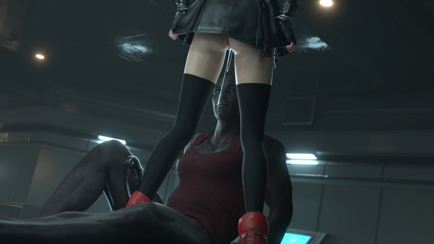 1boy 1girls 3d 3d_(artwork) black_legwear dark-skinned_male dripping_pussy final_fantasy final_fantasy_vii final_fantasy_vii_remake light-skinned_female mieni3d pussy_juice standing thighhighs tifa_lockhart