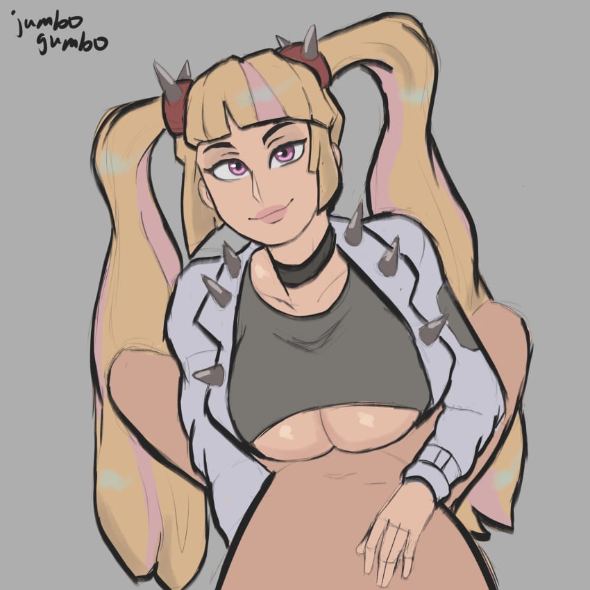 blonde_hair choker covered_paizuri fortnite jacket jumbogumbo lennox_rose_(fortnite) no_visible_genitalia paizuri paizuri_under_clothes pigtails pink_eyes shirt_lift smile spiked_hair_tie spiked_jacket streaked_hair tagme titjob underboob