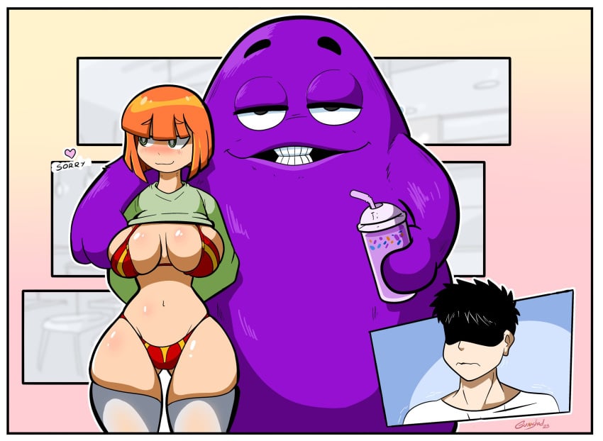 1girls 2boys alternate_version_available ass_visible_through_thighs big_breasts bikini black_hair blush breasts cheating cheating_wife cuckold dad dad_(japanese_mcdonald's_commercial) dahs grimace grimace_(mcdonald's) grimace_shake gunshad interspecies large_breasts lifted_by_another mcdonald's mom_(japanese_mcdonald's_commercial) mother navel netorare ntr orange_hair purple_skin shirt shirt_lift short_hair smile tagme thighhighs white_thighhighs yoru_mac