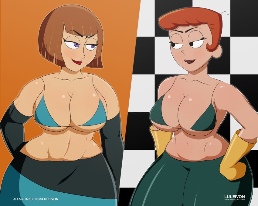 2females 2girls auburn_hair background_pattern belly big_breasts bikini bikini_top breasts cartoon_network cleavage danny_phantom dexter's_laboratory dexter's_mom female female_only females_only gloves love_handles luleivon madeline_fenton milf mother nickelodeon pairing shirtless shirtless_female smug smug_face toned_arms toned_female toned_stomach wide_hips