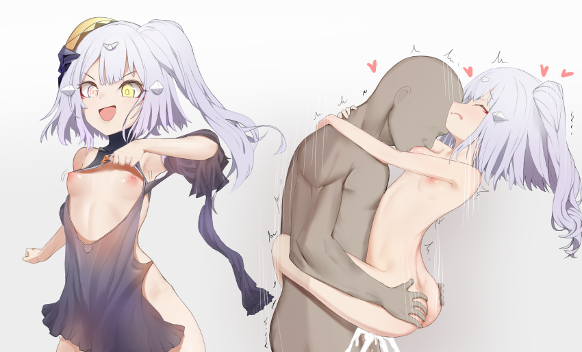 1boy 1girls :d armpits arms_around_neck ass_grab bare_shoulders black_dress breast_sucking breasts center_opening closed_eyes clothes_lift completely_nude cum cum_overflow dress english_commentary ever_(nann2013) eyeless_male female female_focus girls'_frontline grabbing_another's_ass grey_hair groping hair_ornament headgear heart heterochromia highres human implied_penetration leg_lock lifted_by_self lifting_person long_hair male motion_lines narciss_(girls'_frontline) nipples no_visible_genitalia nude open_mouth paradeus pink_eyes sex short_hair simple_background small_breasts smile spoken_heart straight toony upright_straddle white_background white_hair yellow_eyes