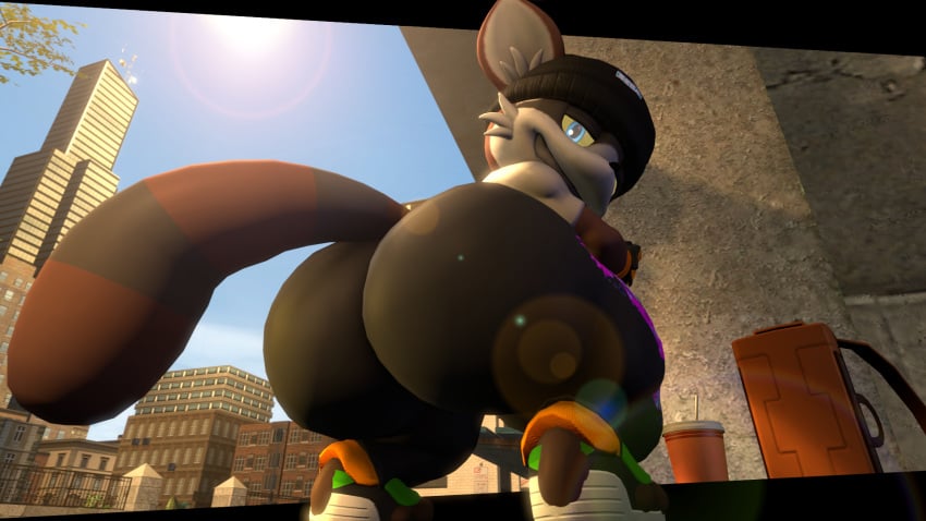 3d aidenz backpack beanie big_ass big_butt bubble_ass bubble_butt bytes_(whoofly) city clothed drink hands_on_wall lens_flare looking_at_viewer looking_back mobian_(species) outside presenting presenting_hindquarters raccoon sfm shortstack showing_off smiling smiling_at_viewer sonic_(series) sonic_the_hedgehog_(series) source_filmmaker squatting tail uncle_aiden whoofly