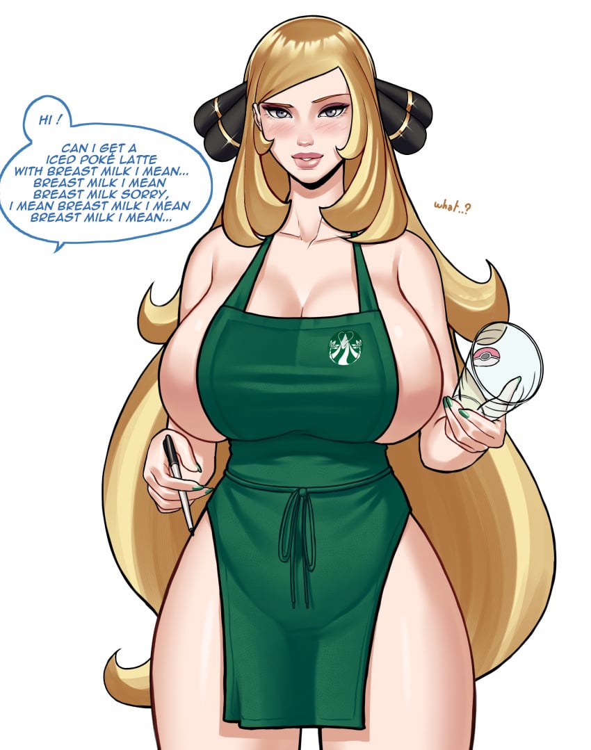 1girls 2d apron bare_shoulders barista big_breasts blonde_hair blush breasts breasts_bigger_than_head cafe clothed clothing coffee coffee_cup cup curvaceous curvy curvy_body curvy_female curvy_figure cynthia_(pokemon) disposable_cup english_commentary english_text female gigantic_breasts green_apron grey_eyes hair_ornament holding_cup holding_marker holding_object holding_pen hourglass_figure huge_breasts huge_thighs human iced_latte_with_breast_milk large_breasts light-skinned_female light_skin long_hair looking_at_viewer marker meme mostly_nude naked_apron nearly_naked_apron otto_cubze pen pokemon sideboob smile solo solo_female solo_focus standing starbucks starbucks_meme thick_thighs very_long_hair voluptuous voluptuous_female