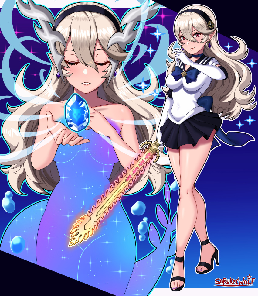 1girls absurdres alternate_costume bare_legs bishoujo_senshi_sailor_moon black_footwear breasts closed_eyes clothing completely_nude corrin_(female)_(fire_emblem) corrin_(fire_emblem) corrin_(fire_emblem)_(female) cosplay crossover_cosplay dragon_girl dragon_horns dragon_tail earrings elbow_gloves feet female female_only fire_emblem fire_emblem_fates full_body gloves grey_hair hairband high_heels highres horns intelligent_systems jewelry legs long_hair looking_at_viewer magical_girl medium_breasts nail_polish nintendo nude nude_female pointy_ears red_eyes sailor_moon_(cosplay) sailor_senshi_uniform sandals sarukaiwolf skirt small_breasts smile solo stone sword tail toenail_polish toenails toes transformation very_long_hair weapon white_hair