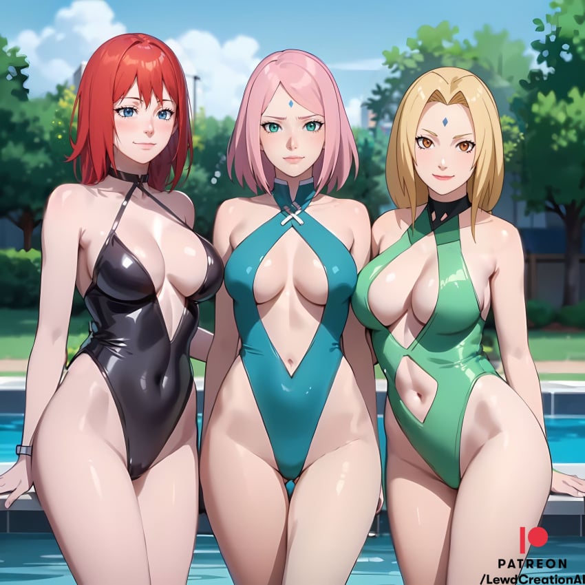 3girls ai_generated big_breasts blonde_female blonde_hair blue_eyes blush brown_eyes camel_toe cameltoe choker cleavage cleavage_overflow female female_only forehead_gem forehead_jewel forehead_mark green_eyes huge_breasts human lewdcreationsai looking_at_viewer mature mature_female mature_woman multiple_girls naruto naruto:_the_last naruto_(classic) naruto_(series) naruto_shippuden navel one-piece_swimsuit one_piece_swimsuit outdoors pink_hair pool poolside red_hair sakura_haruno smile smiling smiling_at_viewer smirk smirking smirking_at_viewer squeezing squeezing_breast standing swimsuit swimsuits tsunade uzumaki_kushina