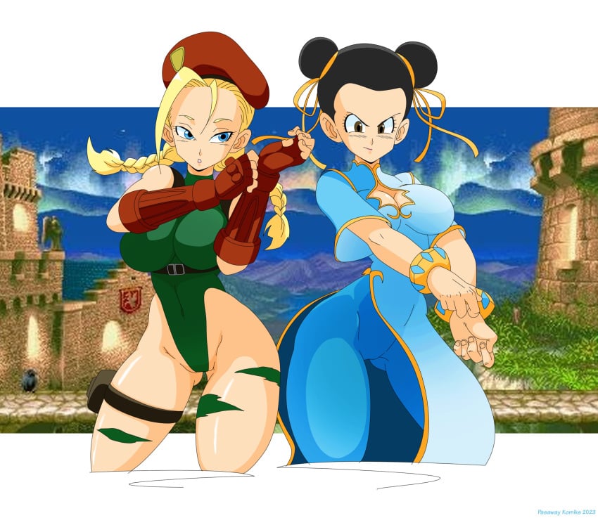 2girls android_18 big_breasts black_hair blonde_hair blue_eyes brown_eyes cammy_white_(cosplay) chichi chinese_clothes chun-li_(cosplay) dragon_ball female female_only fully_clothed game_screenshot_background large_ass lipstick looking_at_viewer military pasawaykomiks street_fighter thick_thighs