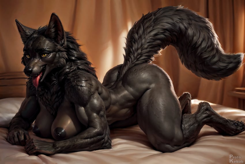 ai_generated all_fours anthro athletic athletic_female biceps big_breasts black_body black_fur black_nipples bulky canid canine canis digitigrade eager fluffy fur furry happy inner_ear_fluff laying_down looking_at_viewer muscles muscular muscular_female muscular_thighs on_all_fours on_bed open_mouth pinup protokebab raised_tail realistic seductive seductive_look snout solo solo_focus stable_diffusion strong tongue tongue_out werecanid werecanine werewolf wolf wolf_ears wolf_girl wolf_tail yellow_eyes