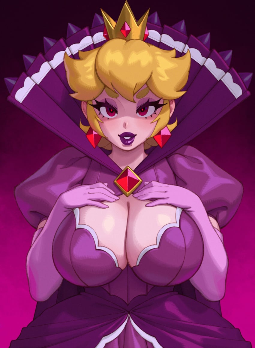 1girls 2023 blonde_hair breasts cleavage cleavage_dress clothed clothing crown dress earrings elbow_gloves eyelashes female female_only front_view gloves hands_on_breasts hi_res huge_breasts large_breasts lipstick looking_at_viewer mario_(series) massive_breasts nintendo pale-skinned_female pale_skin paper_mario paper_mario:_the_thousand-year_door princess_peach purple_dress purple_gloves purple_lipstick red_eyes rizdraws shadow_peach shadow_queen solo wide_hips