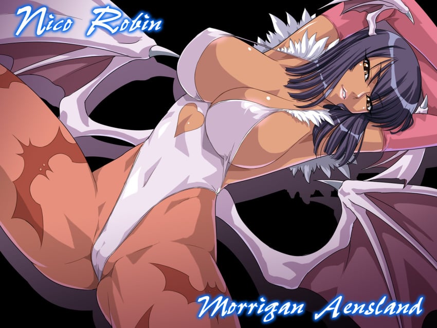 1girls armpits arms_up bat_wings black_hair breasts cameltoe capcom character_name cleavage clothing cosplay crossover dark-skinned_female darkstalkers elbow_gloves female female_only fit_female gloves head_tilt head_wings heart highleg hourglass_figure huge_breasts kagami kagami_hirotaka large_breasts lipstick makeup mature_female morrigan_aensland morrigan_aensland_(cosplay) nico_robin one_piece pantyhose pre-timeskip short_hair sideboob slim_waist smile solo spread_legs thick_thighs tights wide_hips wings yellow_eyes