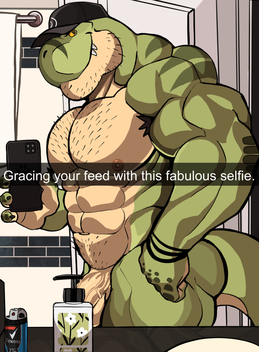 2023 abs absurd_res anthro armpit_hair ass bara baseball_cap bathroom biceps black_clothing black_hat black_headwear body_hair bottle bracelet cellphone chest_hair claws clothing container darknaigart deltoids dinosaur finger_claws genitals green_body green_scales hat headgear headwear hi_res holding_cellphone holding_object holding_phone holding_smartphone jace_(darknaig) jewelry male male_only mirror multicolored_body multicolored_scales muscular muscular_anthro muscular_male muscular_thighs nipples nude obliques pecs penis phone pubes reflection reptile scales scalie selfie sink smartphone smile soap_dispenser solo spray tan_body tan_scales theropod tile tile_wall towel two_tone_body two_tone_scales tyrannosaurid tyrannosaurus tyrannosaurus_rex vein veiny_penis wall_(structure) yellow_sclera