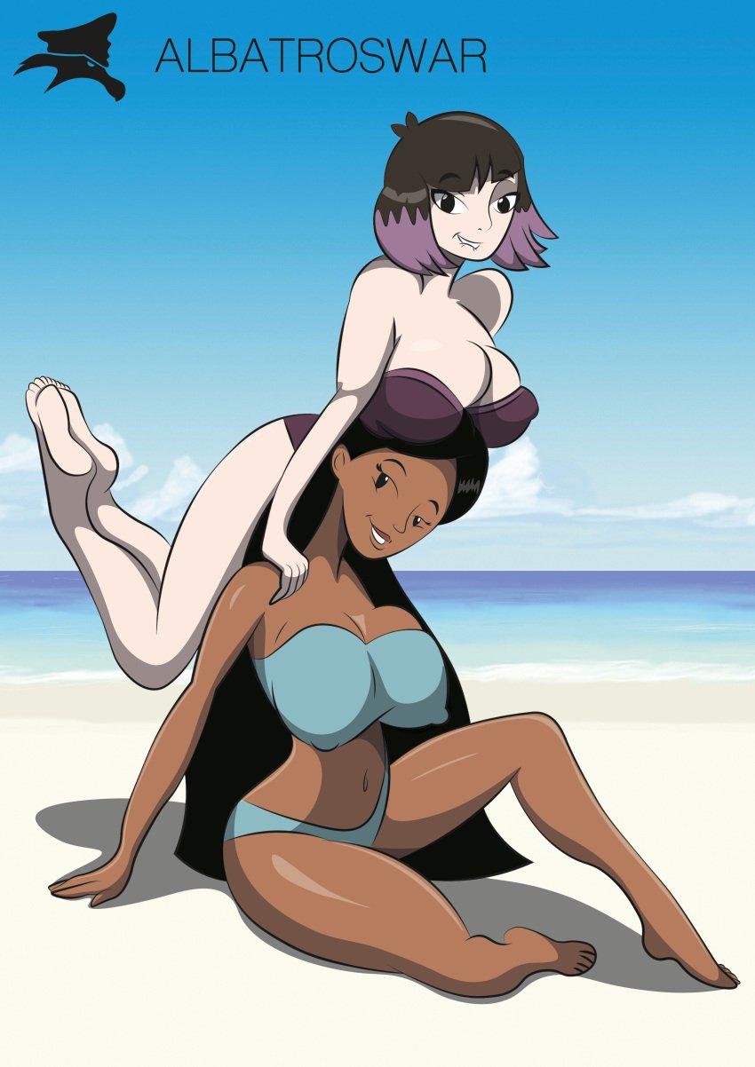 2girls albatroswar american_dragon:_jake_long ass barefoot beach big_ass big_breasts bikini black_eyes black_hair blue_bikini blue_bikini_bottom blue_bikini_top breasts dark-skinned_male dark_skin feet happy_female happy_sex hilda_(series) huge_ass huge_breasts kaisa_(hilda) large_ass large_breasts long_hair looking_at_viewer multiple_girls open_mouth pale-skinned_female pale_skin purple_bikini purple_bikini_bottom purple_bikini_top purple_hair sea short_hair smile smiling smiling_at_viewer sun_park swimsuit two_tone_hair voluptuous voluptuous_female wide_hips