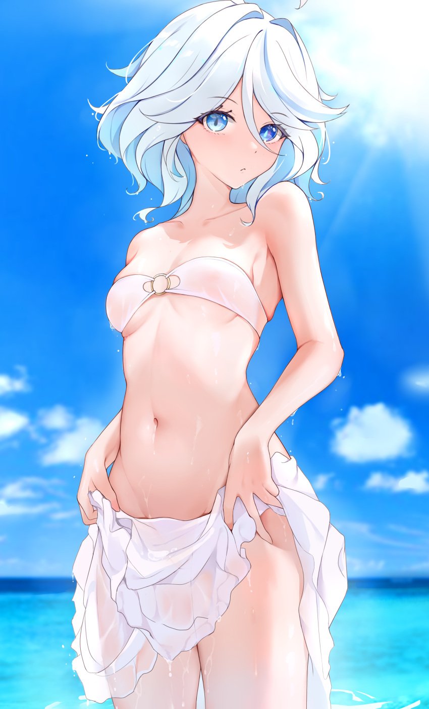 1girls absurdres alternate_costume bandeau bare_arms beach bikini blue_eyes blue_sky breasts commentary_request dripping furina_(genshin_impact) genshin_impact heterochromia highres looking_at_viewer navel o-ring o-ring_bikini o-ring_top ocean outdoors rem_mie see-through skirt sky small_breasts solo standing stomach strapless strapless_bikini swimsuit teeth underboob wet wet_clothes white_hair white_skirt