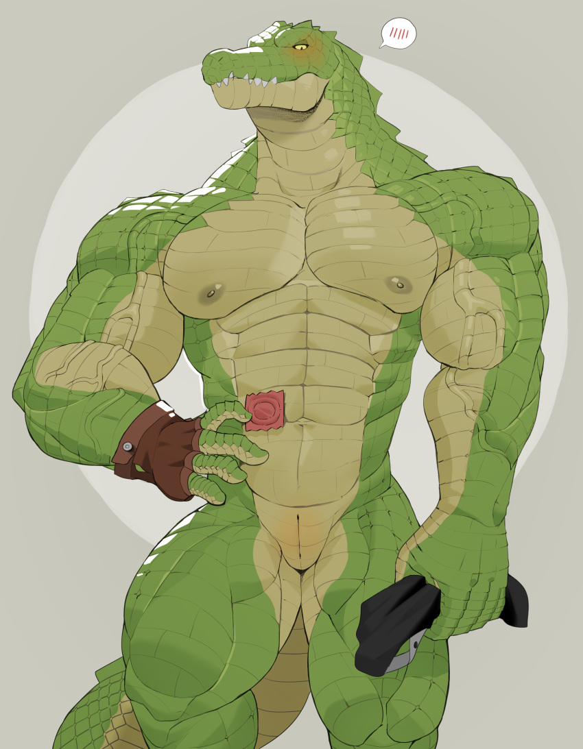 abs absurd_res anthro biceps biped blush blush_lines clothing condom_wrapper crocodile crocodilian crocodylid endn fingers gloves green_body green_scales handwear hi_res looking_at_viewer male male_only muscular muscular_anthro muscular_male navel nipples nude pecs pupils reptile scales scalie sharp_teeth simple_background slit slit_pupils solo speech_bubble tail tan_body tan_scales teeth underwear vein