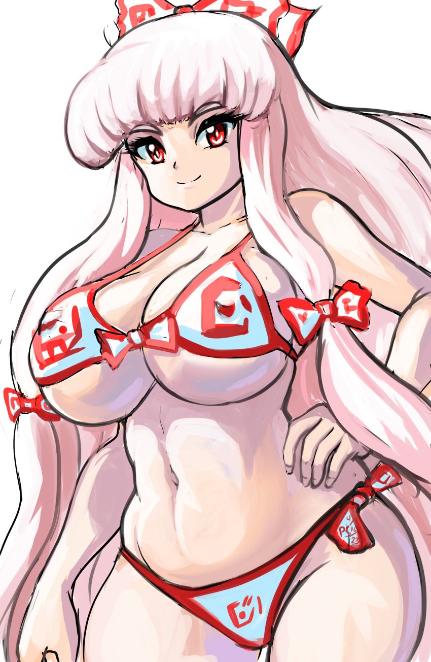 1girls bikini bra female fujiwara_no_mokou huge_ass huge_breasts midriff navel nipples_visible_through_clothing panties profitshame revealing_clothes thick_thighs touhou wide_hips