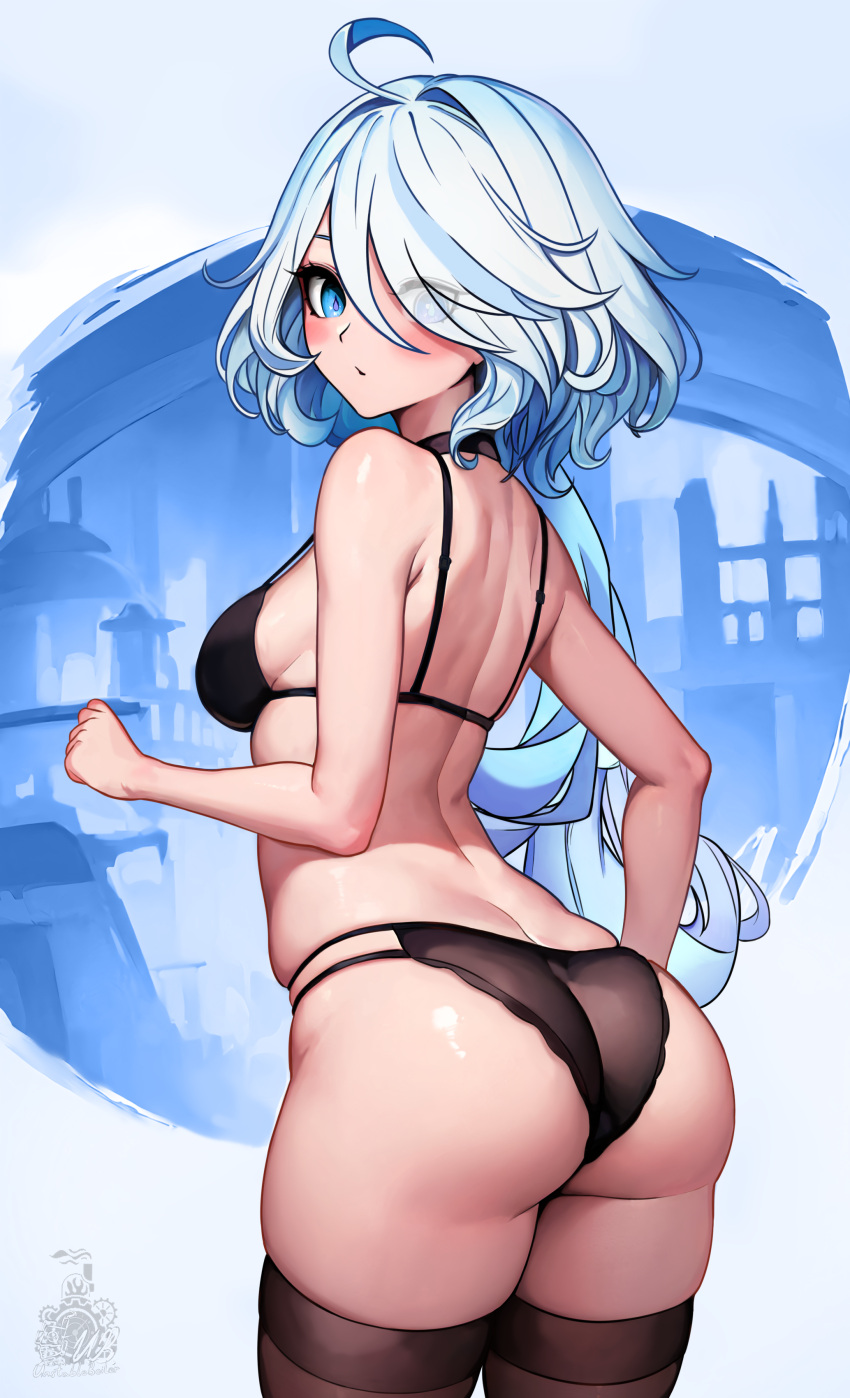 1girls absurdres ahoge artist_logo ass black_bra black_panties blue_eyes blush bra breasts cowboy_shot eyes_visible_through_hair furina_(genshin_impact) genshin_impact hair_over_one_eye highres long_hair looking_at_viewer looking_back medium_breasts mismatched_pupils panties parted_lips skindentation solo strap_gap thighhighs underwear unstableboiler very_long_hair wavy_hair white_hair