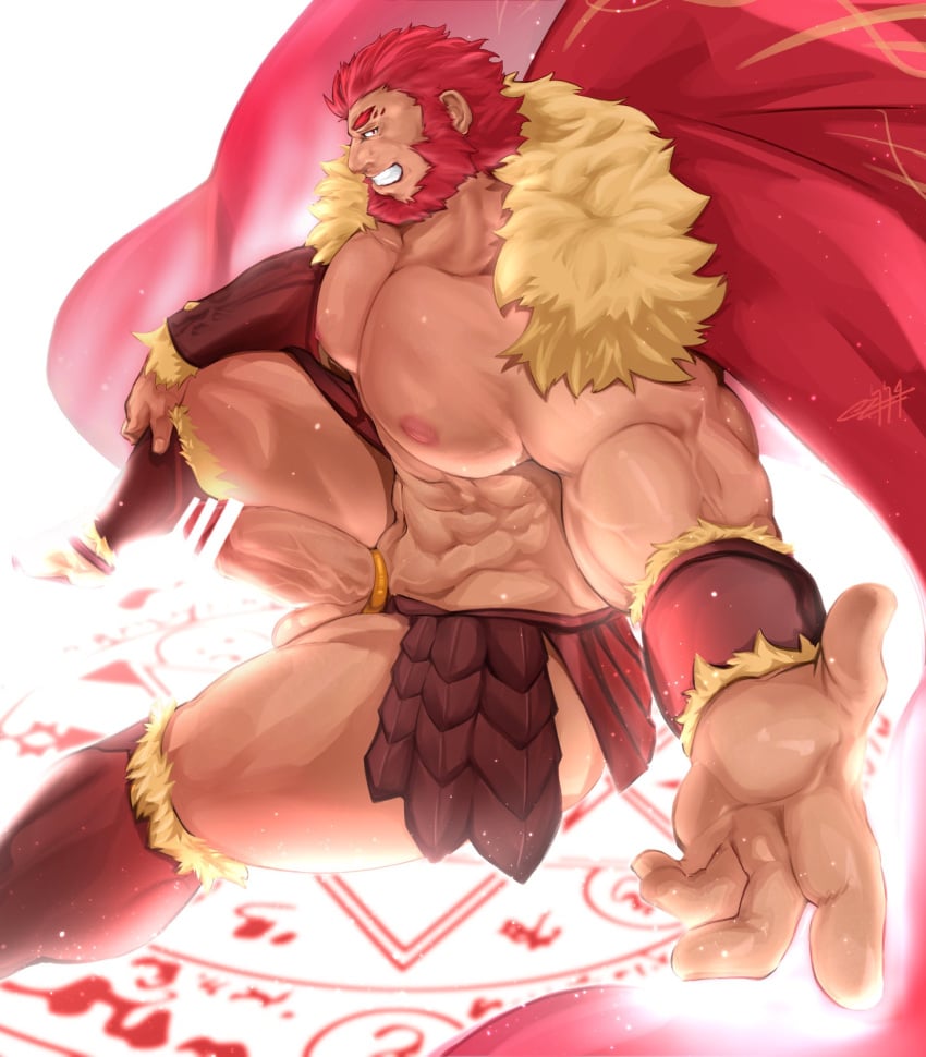 1boy abs armored_skirt bar_censor bara beard biceps boner cape censored cock_ring erection facial_hair fate/zero fate_(series) fur_cape highres iskandar_(fate) kalonezhno large_pectorals leg_armor looking_at_viewer magic_circle male_focus male_only manly mature_male muscular muscular_male nipples pectorals penis red_eyes red_hair sex_toy simple_background sitting smirk solo spiked_hair spread_legs summoning tan teeth testicles thick_arms thick_eyebrows thick_thighs thighs topless_male veins white_background wristband