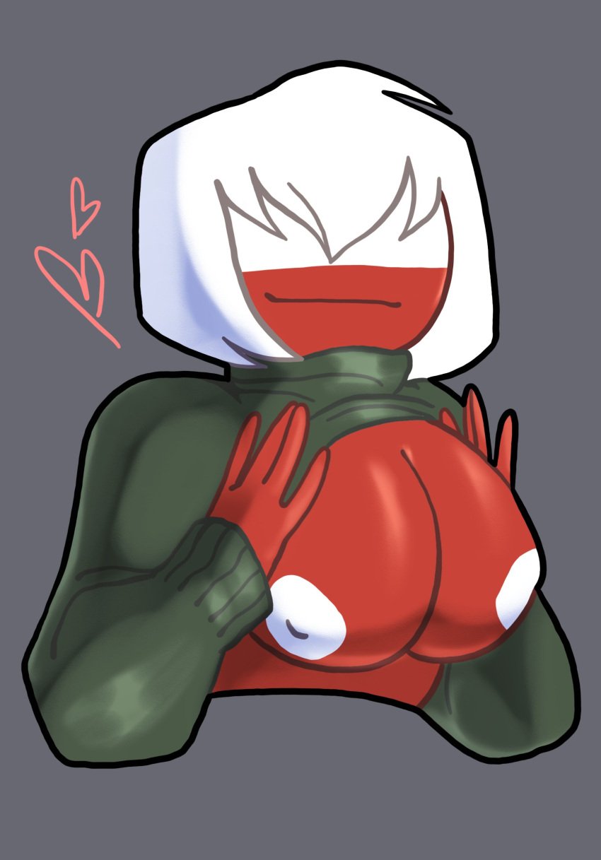 1girls bangs clothing countryhumans countryhumans_girl covered_eyes female female_only grey_background heart kingofkinks national_personification poland_(countryhumans) short_hair simple simple_background simple_shading sweater white_hair white_nipples