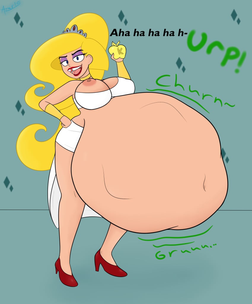 1girls after_vore azuris_(artist) big_belly big_breasts blonde_hair burping cartoon_network digestion_noises eris_(billy_and_mandy) female goddess golden_apple high_heels huge_belly laughing makeup missing_tooth nipples post_vore simple_background solo stomach_bulge tagme the_grim_adventures_of_billy_and_mandy vore vore_belly