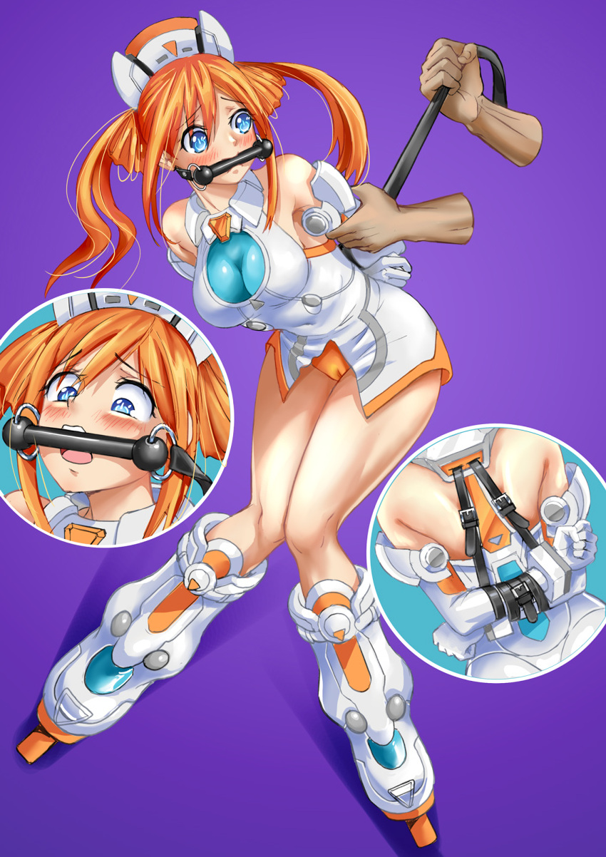 1boy 1girls albyee arms_behind_back bare_shoulders bare_thighs blue_eyes blush bondage breasts clothed gag goddess light-skinned_female looking_back multiple_views neptunia_(series) open_mouth orange_hair orange_heart restrained skin_tight twintails uzume_tennouboshi