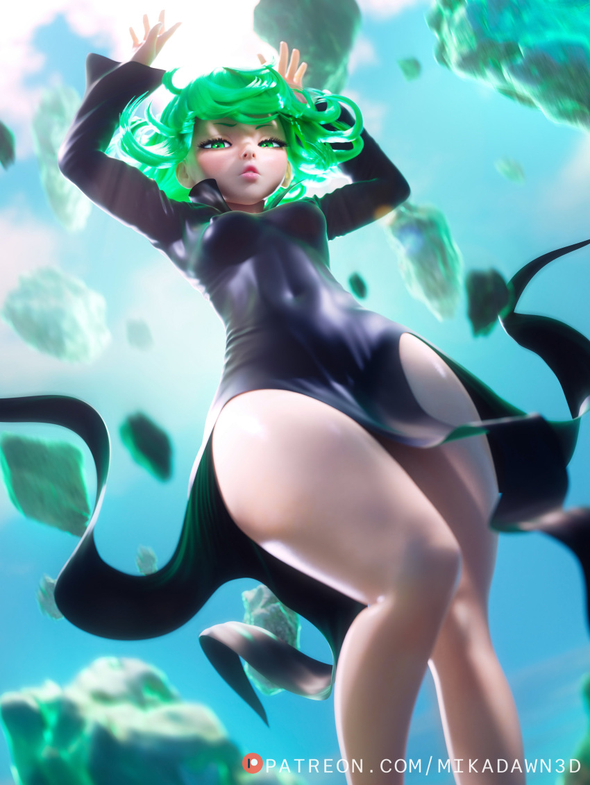 1girls 3d absurd_res bottom_heavy dress female female_only green_eyes green_hair hi_res looking_at_viewer mikadawn nipples_visible_through_clothing one-punch_man shiny_skin solo tatsumaki thick_thighs thighs thighs_together wide_hips