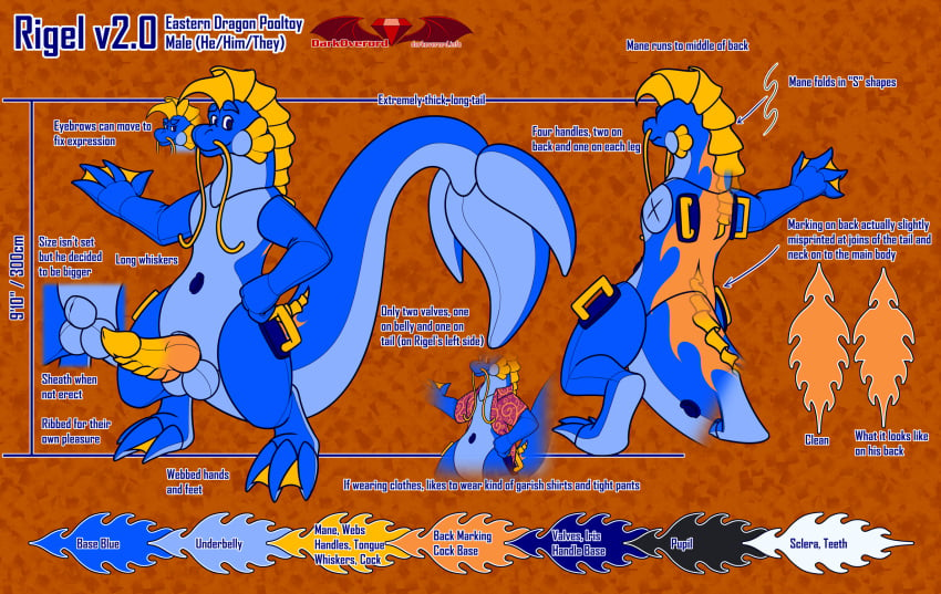 2022 air_valve animal_genitalia animate_inanimate anthro balls barbel_(anatomy) big_tail blue_balls blue_body blue_eyes cheek_frill darkoverord digital_media_(artwork) digitigrade dragon eastern_dragon english_text flesh_whiskers frill_(anatomy) genitals grey_pupils handles handles_on_back handles_on_hips hi_res huge_tail inflatable living_inflatable male male_only mane markings membrane_(anatomy) model_sheet multicolored_penis orange_background orange_markings orange_penis penis pupils ridged_penis rigel_(darkoverord) sheath simple_background solo spade_tail tail text textured_background two_tone_penis webbed_feet webbed_hands yellow_frill yellow_penis