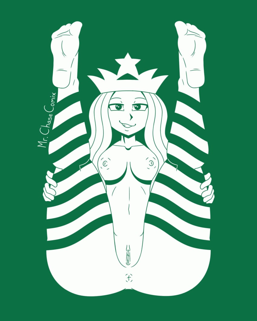 1girls feet female female_only pussy simple_background starbucks starbucks_siren