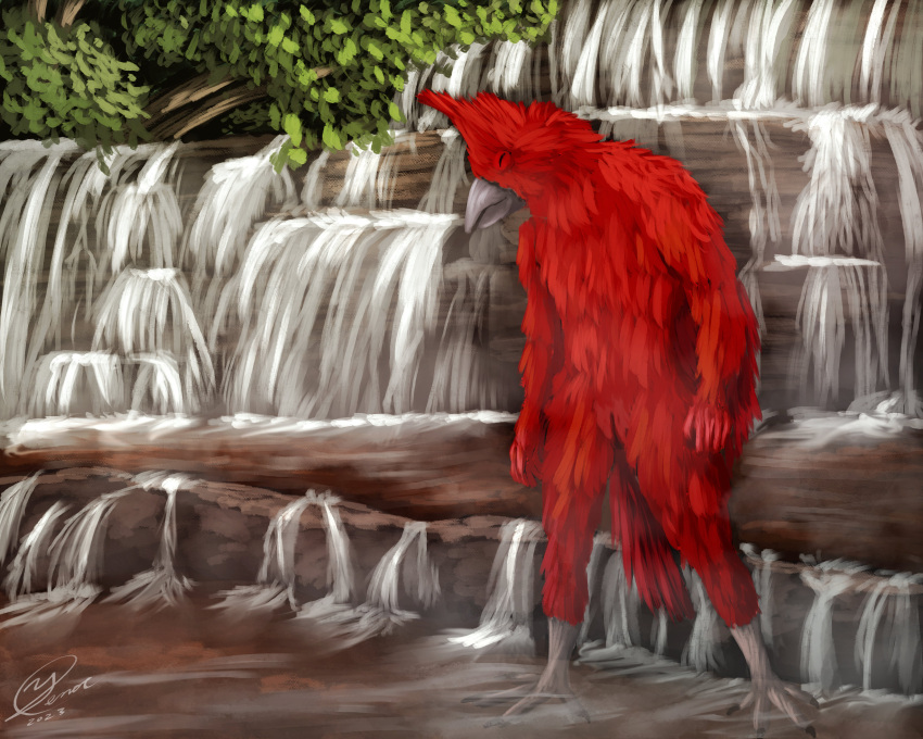 absurd_res animal_genitalia anthro beak birdtember cloaca feathers flowing_water fog genitals hi_res landscape leaf male plant red_body red_feathers rock solo standing tree vermilion_cardinal water waterfalls yenocwolf