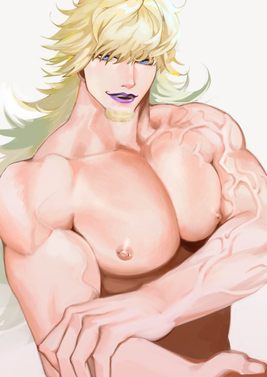 big_pecs blonde_hair blue_eyes facial_hair goatee helmet_removed hi_res killer_(one_piece) lipstick long_hair long_hair_male looking_at_viewer male male_only mask_removed muscular muscular_male nipple_piercing one_piece painting_(artwork) pecs purple_lipstick scars sekimoto smile solo topless topless_male upper_body veiny_muscles