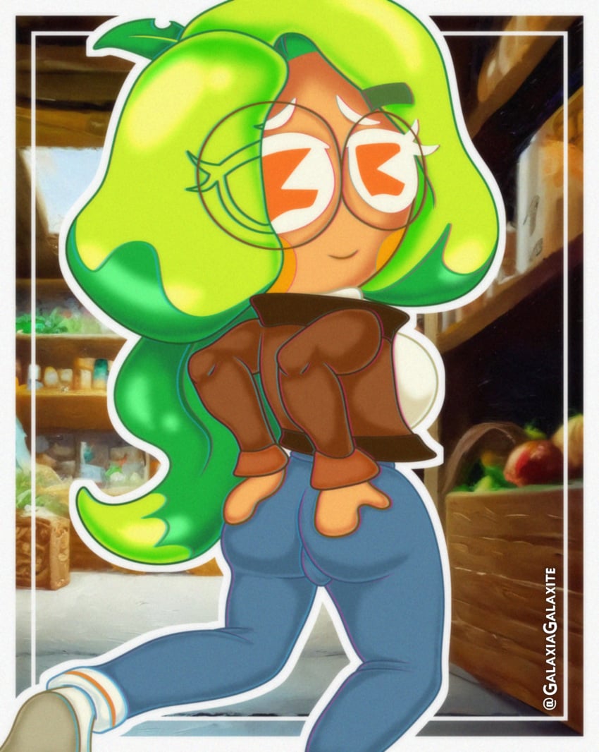 anthro breasts clothed cookie_run female female_only galaxia_galaxite green_hair green_nipples jeans orange_eyes pac-man_eyes round_glasses smile spinach_cookie vegetables