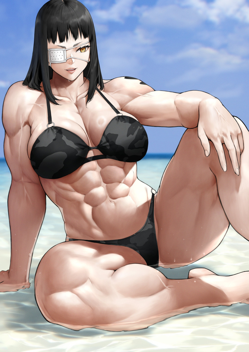 1girls abs absurd_res adductors adonis_belt arm_support beach belly biceps big_breasts bikini black_hair bra breasts calf_muscles calves camouflage camouflage_bikini cleavage collarbone deltoids eyepatch female female_only forearm_muscles hi_res jormungand light-skinned_female light_skin medical_eyepatch medium_hair muscles muscular muscular_arms muscular_female muscular_shoulders muscular_thighs navel obliques outdoors parted_lips pecs pectorals quadriceps quads redrawn sitting sofia_valmer solo swimsuit veins veiny_muscles water wet yellow_eyes yoshi55level