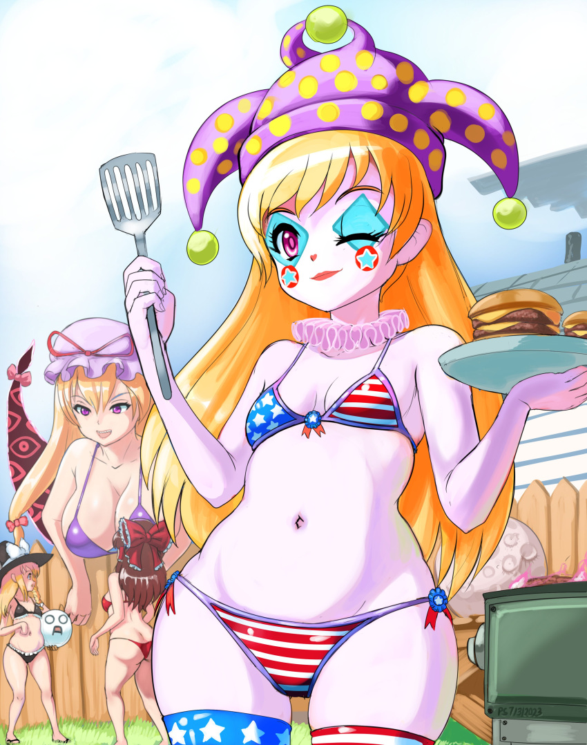 bikini clown_makeup clown_paint clownpiece female implied_transformation large_ass large_breasts marisa_kirisame navel profitshame reimu_hakurei small_breasts smile thick_thighs thighhighs touhou wide_hips