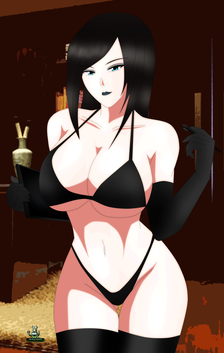 big_breasts bikini bikini_bottom bikini_top black_bikini blue_eyes cleavage erika_hayashi_(noir-black-shooter) female female_only noir-black-shooter oc original original_character revealing_clothes tablet underwear