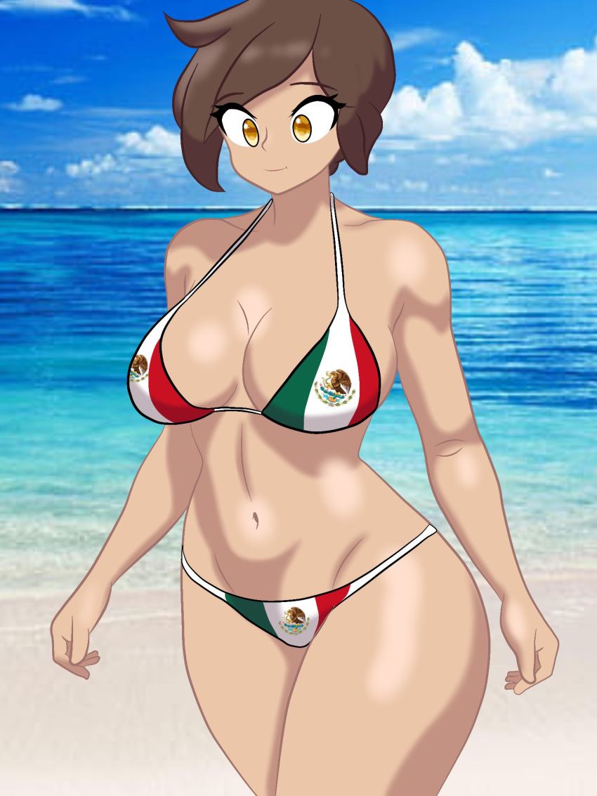 1girls alternate_version_available beach big_breasts big_thighs bikini breasts brown_hair cleavage curvy d4rc30_arts dir_arts eyebrows_visible_through_hair female female_only fhs fhsz3r0 flag_bikini fnafhs fnafhs_z3ro fnafhsrule34 freddy's_mom_(fnafhs) human light-skinned_female light_skin mama_de_freddy_(fnafhs) martha_(fnafhs) mexican_flag mexican_flag_bikini short_hair solo thighs yellow_eyes