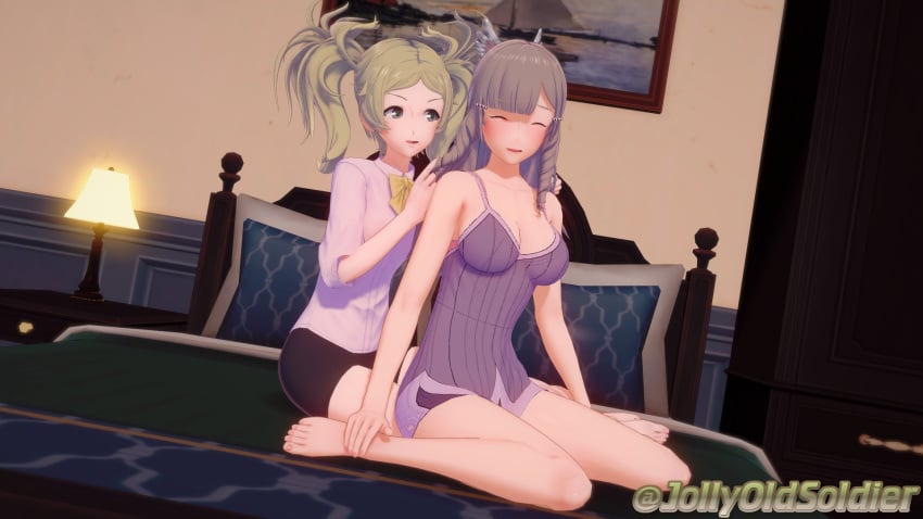 2girls 3d bare_arms bare_legs bare_shoulders bare_thighs barefoot bed bedroom blonde_hair breasts brown_hair cleavage closed_eyes collarbone dress female female_only fire_emblem fire_emblem_awakening grey_eyes hair_ornament jollyoldsoldier kneeling legs lissa_(fire_emblem) medium_breasts medium_hair multiple_girls nail_polish nintendo on_bed open_mouth orange_nails shirt shorts shoulders small_breasts smile sumia_(fire_emblem) thighs yuri