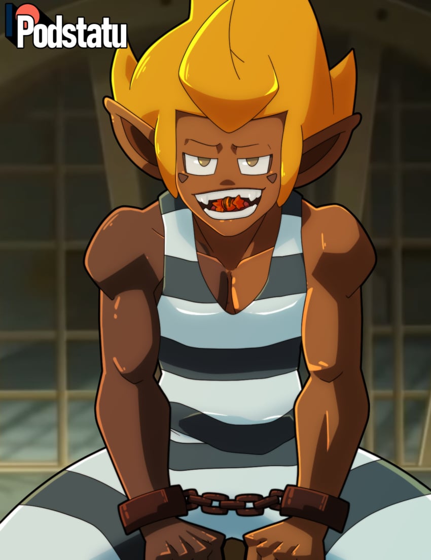 ankama biting candy dofus halloween halloween_costume handcuffed handcuffs iop jail jail_bars jail_cell male male_only outlaw podstatu powerless prison prison_bars prison_clothes prison_uniform prisoner pubic_hair roleplay smiling sweet tan_body tank_top teasing teasing_submissive teasing_viewer tristepin tuft wakfu