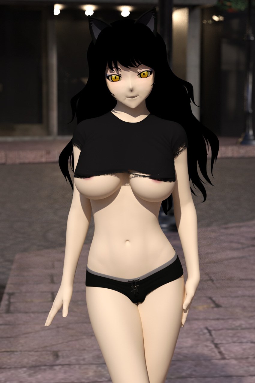 1girls 3d animal_ears areola_slip belly_button black_clothing black_hair blake_belladonna cameltoe cat_ears catgirl crop_top daz_studio exhibitionism faunus female female_only kemonomimi light-skinned_female light_skin long_hair looking_at_viewer lovingrwby minishorts navel pale-skinned_female pale_skin public rooster_teeth rwby short_shorts shorts toned toned_female toned_stomach torn_clothes underboob yellow_eyes