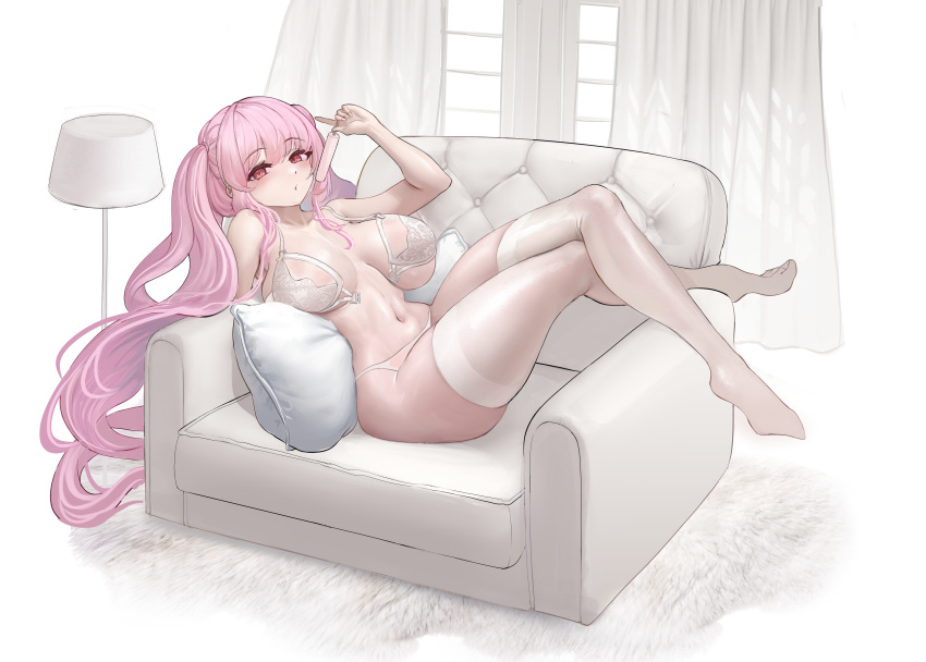 breasts_apart commission crossed_legs curtains huge_breasts kneesocks lace_trim lamp living_room looking_at_viewer lying_on_back lying_on_sofa original original_character pink_eyes pink_hair popsicle slender_waist thick_thighs twintails untied_bra very_long_hair wavy_hair wide_hips