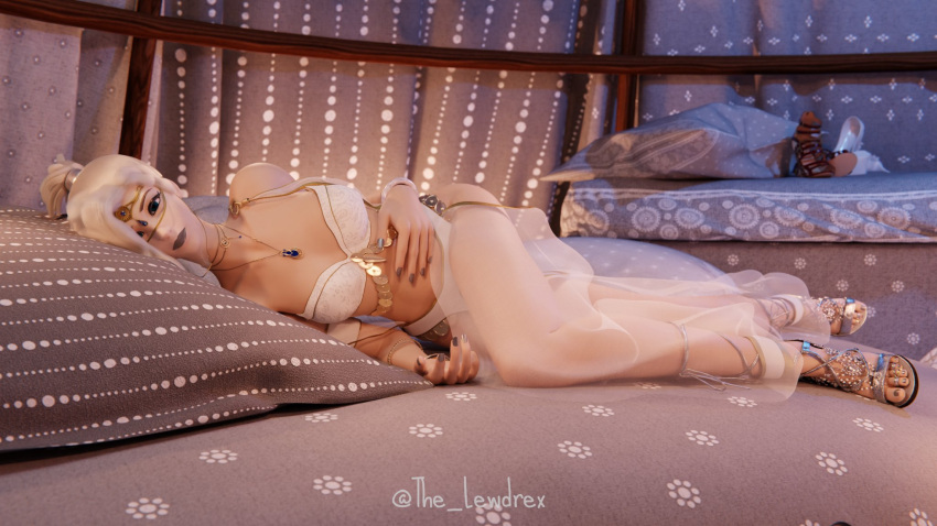 1girls 3d alternate_version_available angela_ziegler bed bed_sheet bedroom blender blizzard_entertainment blonde_hair bra clothed clothing detailed_background female female_focus female_only hairband harem_outfit highres jewelry laying_down laying_on_bed laying_on_side lewdrex light-skinned_female light_skin looking_at_viewer mercy necklace on_bed on_side overwatch overwatch_2 panties pillow ponytail presenting see-through see-through_clothing smile smiling solo solo_focus swiss_female topwear underwear watermark white_bra white_panties