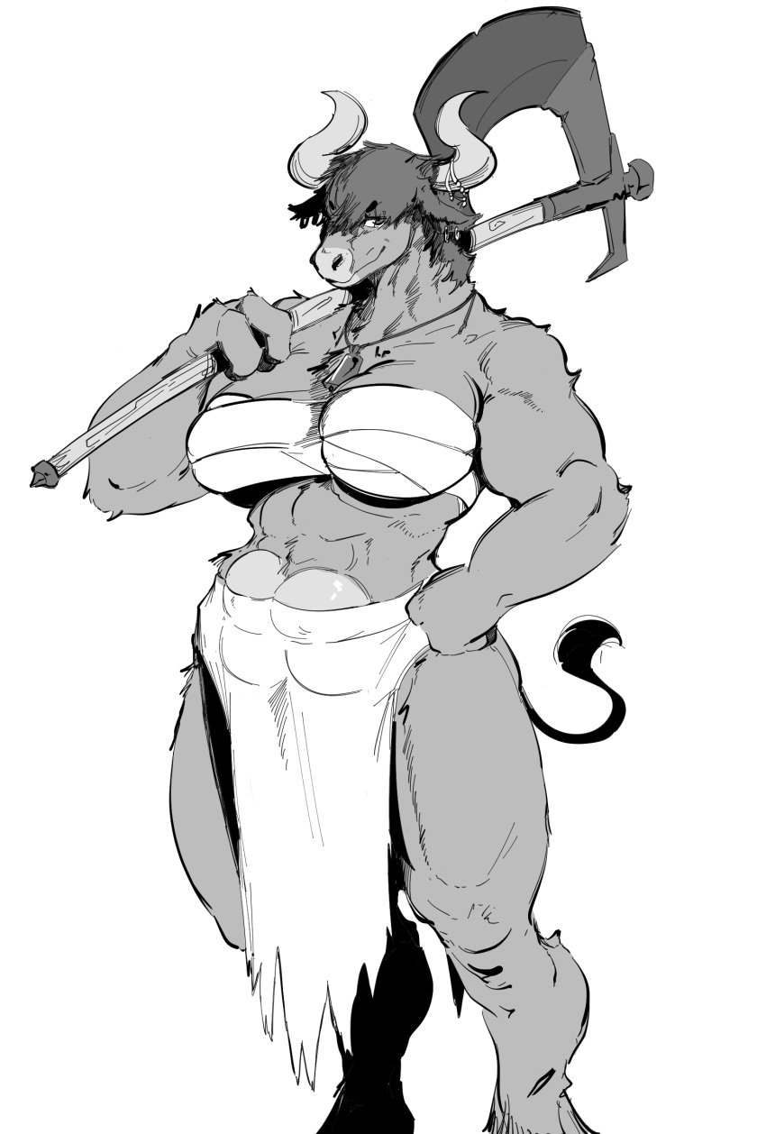 1girls 2023 abs axe big_breasts bovid bovine bovine_humanoid breasts chest_wraps female female_only fur furry furry_only greek_mythology greyscale hair horn_accessory horn_ring horns huge_breasts minotaur monochrome mythology navel necklace nipple_bulge simple_background udders weapon yamabat