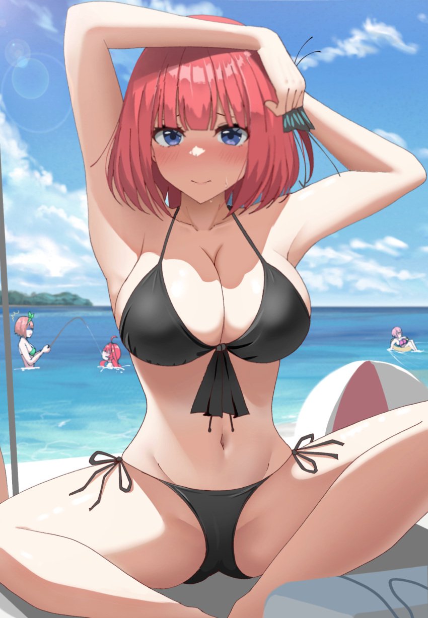 4girls ^^^ adjusting_hair_ornament ahoge ball bare_arms beach beachball bikini black_bikini black_ribbon blue_eyes blue_sky blush bob_cut breasts butterfly_hair_ornament cleavage closed_mouth cloud cloudy_sky collarbone commentary day fishing_rod front-tie_bikini_top front-tie_top go-toubun_no_hanayome green_bikini green_scarf groin hair_ornament hair_ribbon hair_scarf highres holding holding_fishing_rod horizon large_breasts legs long_hair looking_at_viewer medium_hair multiple_girls nakano_ichika nakano_itsuki nakano_nino nakano_yotsuba navel ocean outdoors partially_submerged pink_bikini pink_hair poa_mellhen red_hair ribbon scarf shaded_face side-tie_bikini_bottom sitting sky solo_focus stomach sunlight sweat swimsuit thighs