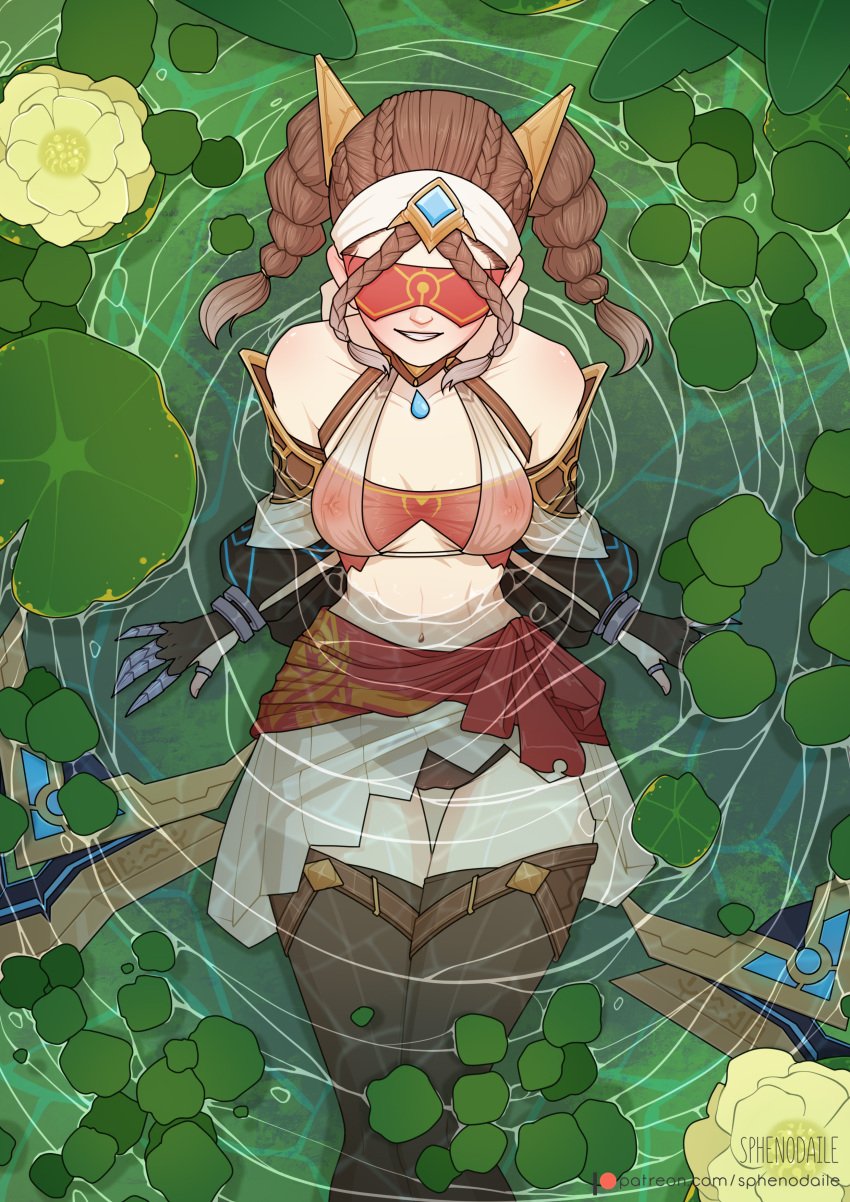 1girls blindfold blush brown_hair erect_nipples erect_nipples_under_clothes eremite_(genshin_impact) eremite_desert_clearwater_(genshin_impact) female genshin_impact pond see-through_clothing smile smiling_at_viewer smug sphenodaile stockings twin_braids twintails wet_clothes