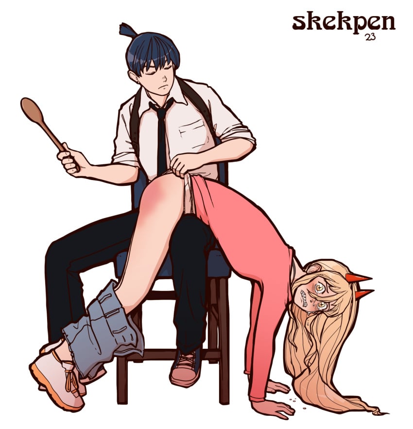 1male bent_over bottomless chainsaw_man clenched_teeth crying crying_with_eyes_open hayakawa_aki horns looking_at_viewer over_the_knee_spanking pants_down power_(chainsaw_man) side_view skekpen spanked_butt spanking tears wide_eyed wooden_spoon