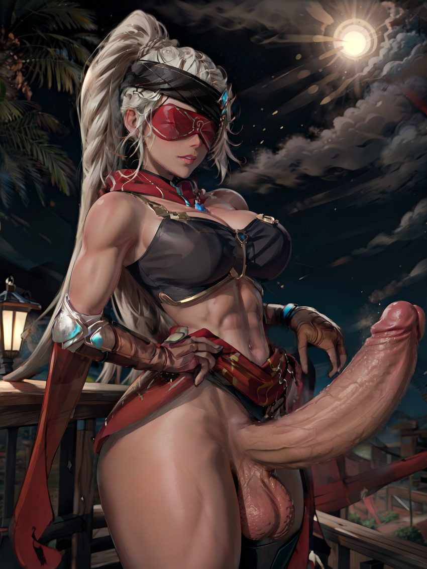 1futa abs ai_generated athletic athletic_futanari bare_shoulders big_penis blindfold blonde_hair bottomless braid breasts eremite_(genshin_impact) eremite_galehunter_(genshin_impact) futa_only futanari genshin_impact gloves hairband high_ponytail jewelry long_hair muscular_futanari navel partially_clothed ponytail scarf solo solo_futa stable_diffusion tan-skinned_female testicles thick_thighs veritai