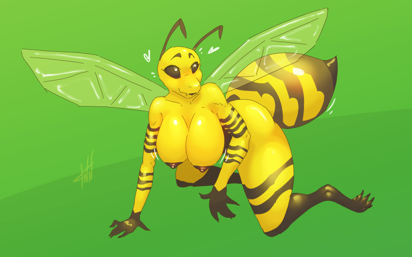 absurd_res animal_humanoid antennae_(anatomy) arthropod arthropod_humanoid big_breasts breasts female hi_res humanoid hymenopteran hymenopteran_humanoid insect_humanoid insect_wings insects kneeling nipples nude simple_background smile solo stinger tenides thick_thighs wasp wasp_humanoid wings